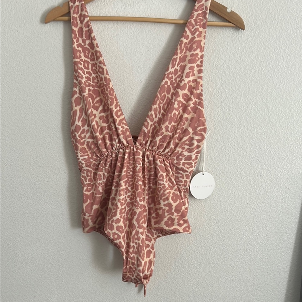 Tori Praver Pink and White One Piece Swimsuit with Ruched Waist